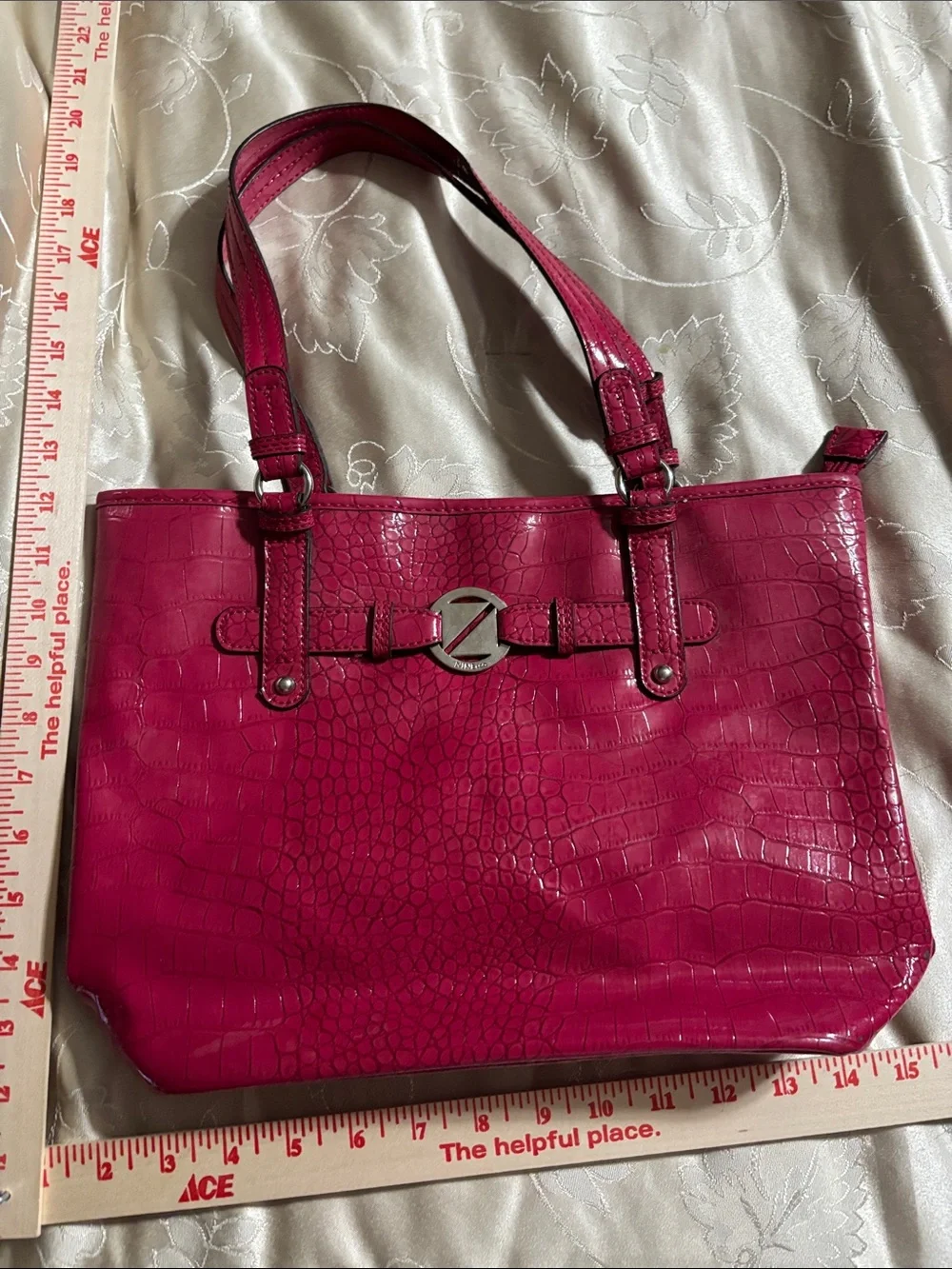 Nine & Co. Croc-Embossed Fuchsia Tote with Silver Z Emblem